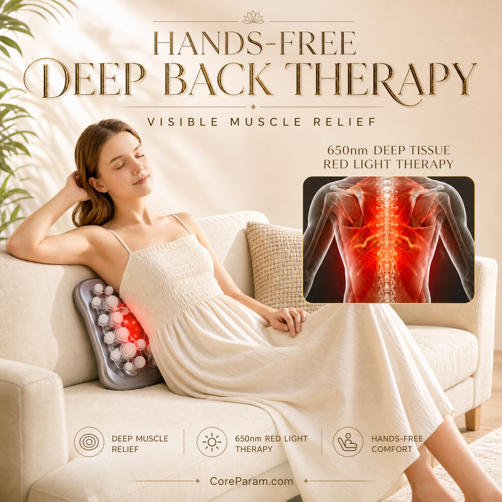 CoreParam 28-Head Deep Tissue Back Massager with 8-Link Synchronous Drive System, 21000 RPM High-Torque Motor, 650nm Red Light Therapy, Full-Body Percussive Massage for Back, Neck, Waist, and Legs