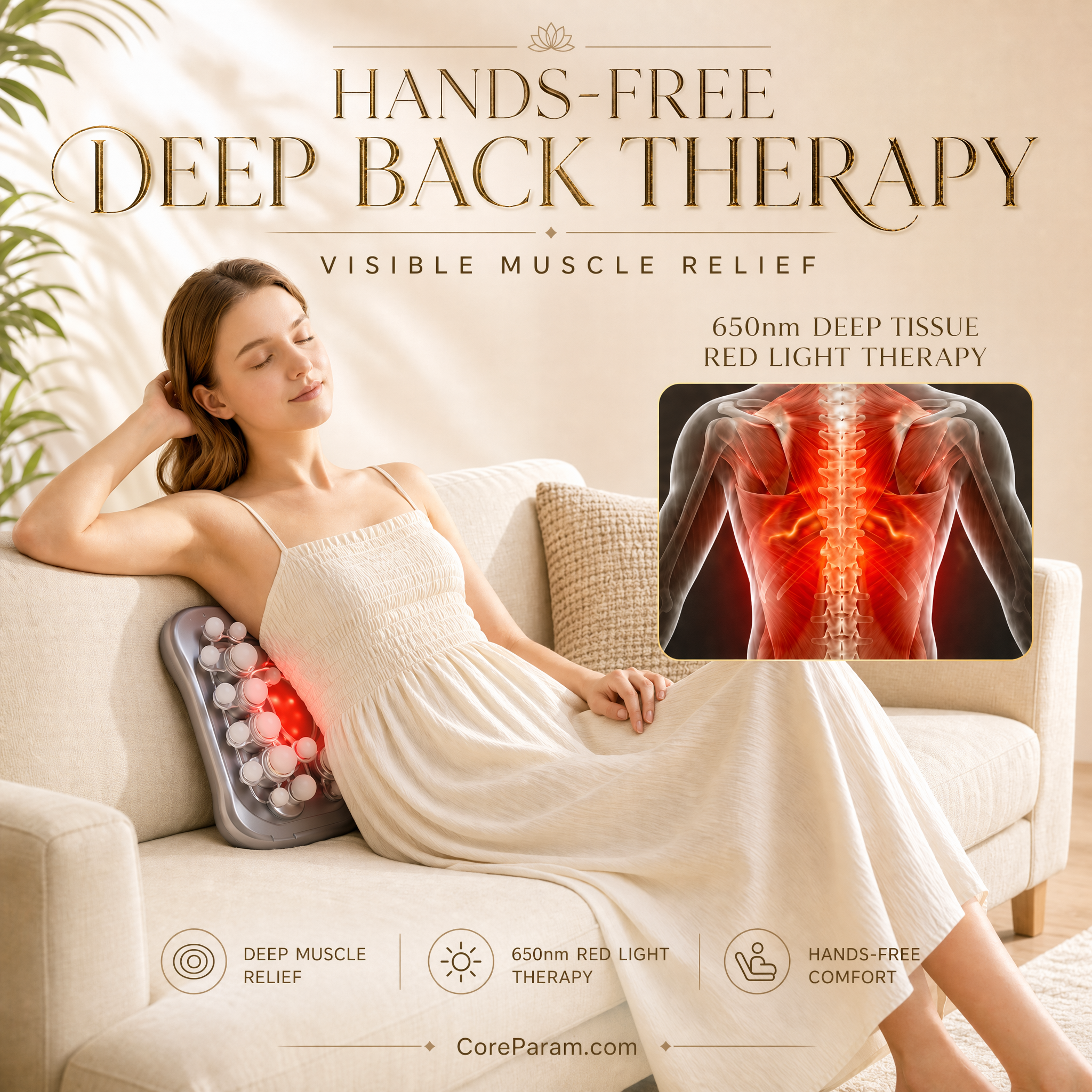 CoreParam 28-Head Deep Tissue Back Massager with 8-Link Synchronous Drive System, 21000 RPM High-Torque Motor, 650nm Red Light Therapy, Full-Body Percussive Massage for Back, Neck, Waist, and Legs