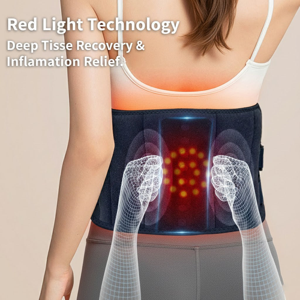 Cordless Heated Back Massager Belt with Red Light Therapy, 5 Temperature Levels, Portable Lower Back Pain Relief Wrap for Home and Office, Fits Up to 60"