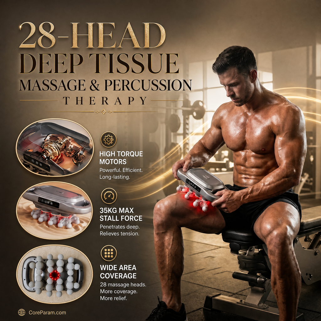 CoreParam 28-Head Deep Tissue Back Massager with 8-Link Synchronous Drive System, 21000 RPM High-Torque Motor, 650nm Red Light Therapy, Full-Body Percussive Massage for Back, Neck, Waist, and Legs