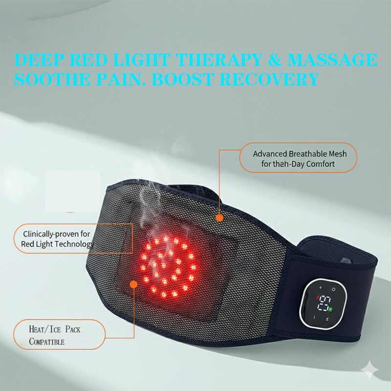 Cordless Heated Back Massager Belt with Red Light Therapy, 5 Temperature Levels, Portable Lower Back Pain Relief Wrap for Home and Office, Fits Up to 60"