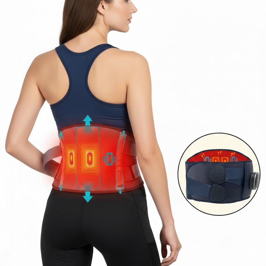 Cordless Heated Back Massager Belt with Red Light Therapy, 5 Temperature Levels, Portable Lower Back Pain Relief Wrap for Home and Office, Fits Up to 60"